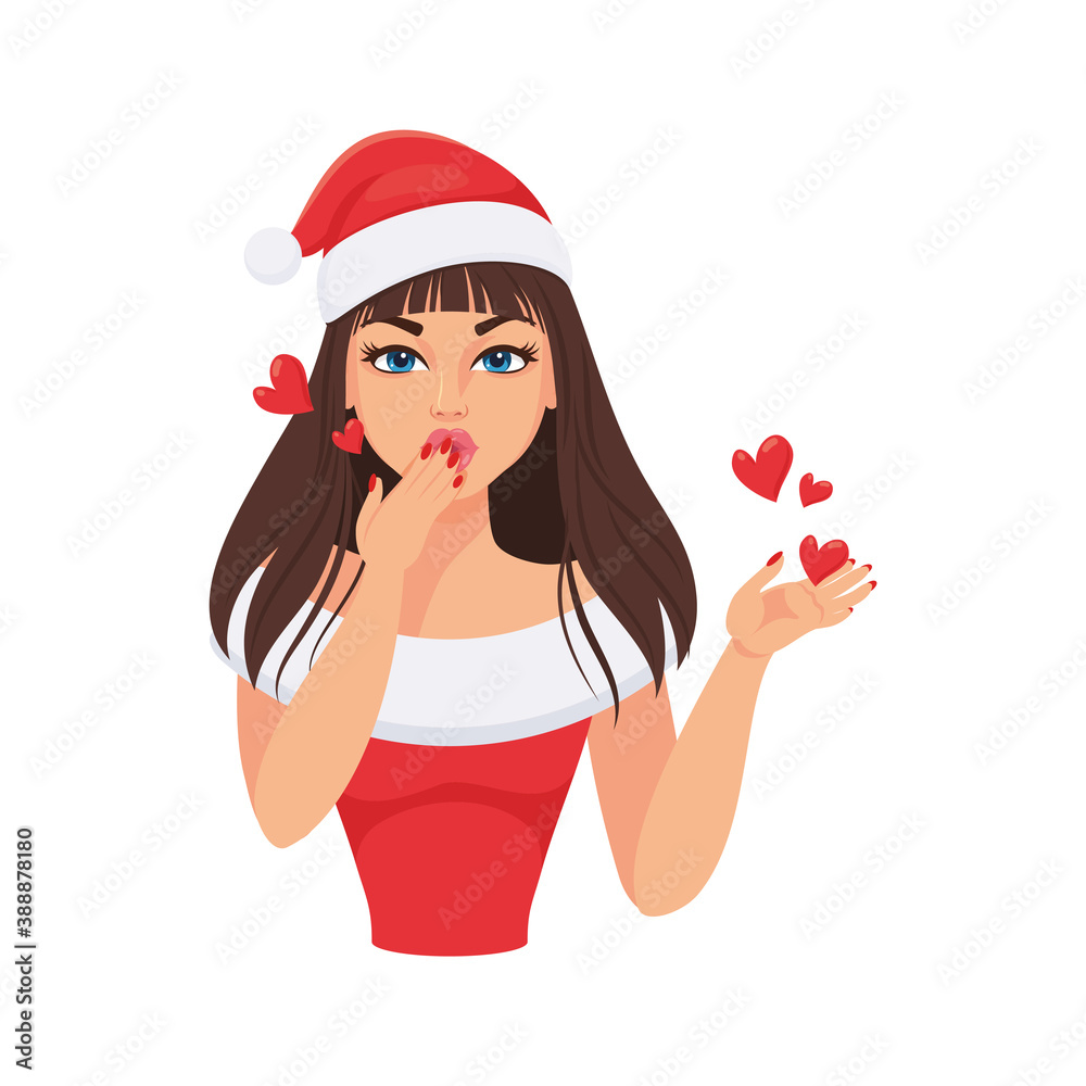 Santa girl brunette sends an air kiss. Vector illustration, character design, sticker isolated on white background Santa girl brunette sends an air kiss. Vector illustration, character design, sticker isolated on white background