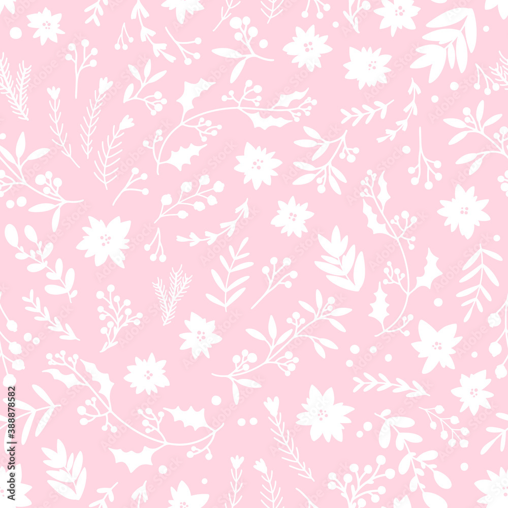Christmas winter floral seamless pattern. Vector illustration in a childish hand-drawn Scandinavian style. The pastel palette is ideal for printing packaging, fabrics, textiles.