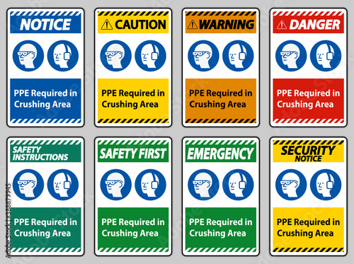 Sign PPE Required In Crushing Area Isolate on White Background