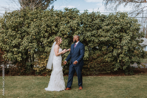 First Look between Bride and Groom on Wedding Day photo