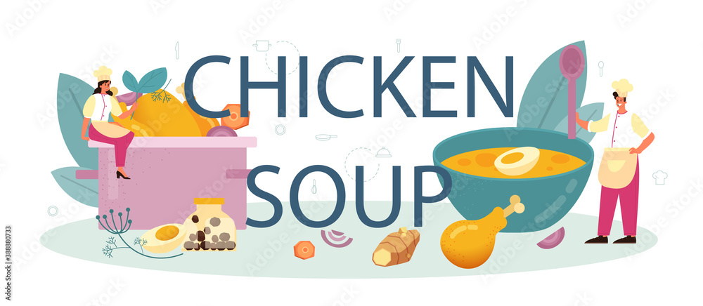 Naklejka premium Chicken soup typographic header. Tasty meal and ready dish