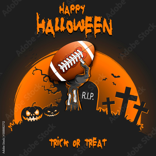 Happy Halloween. Zombie hand from the grave holding a football ball. Pumpkins, spooky tree, crosses, coffin and bats. Pattern for banner, poster, party invitation. Vector illustration