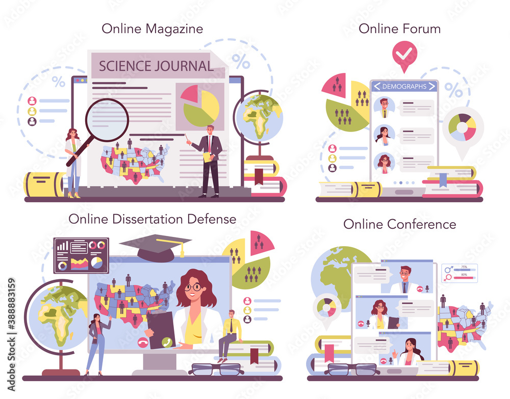 Demographer online service or platform set. Scientist studying population