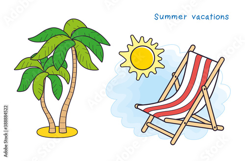 Beach chaise deck chair with sun and palm trees