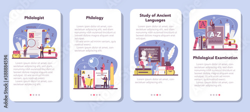 Philologist mobile application banner set. Professional scientist