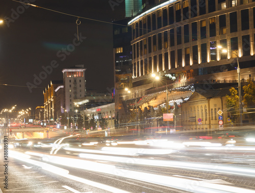 Moscow, Russia, Oct 28, 2020: Graden Ring, Novinsky boulevard, night traffic. Car traces. Long exposure