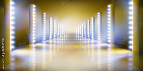 Stage podium during the show. Light effects. Fashion runway. Golden carpet. Vector illustration.