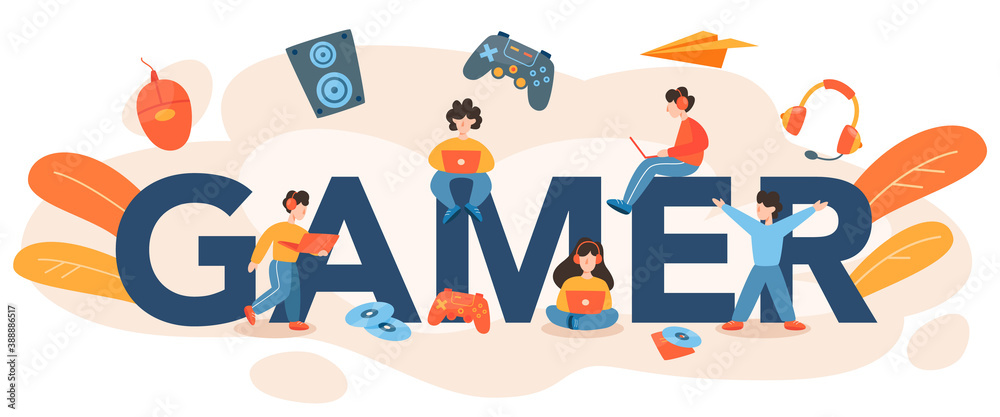 Professional gamer typographic header. Person play on the computer Professional gamer typographic header. Person play on the computer