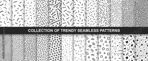 Big collection of memphis seamless vector patterns. Fashion design 80-90s. Black and white textures.