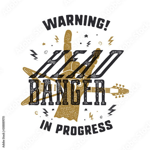Vintage hand-drawn rock n roll poster. Music t shirt print design. Musical tee graphics with hand sign and typography Head Banger quote. Trendy 90s colors. Stock vector isolated on white background