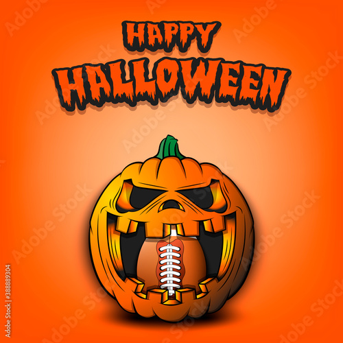 Happy Halloween. Football ball inside frightening pumpkin. The pumpkin swallowed the ball with burning eyes. Design template for banner, poster, greeting card, party invitation. Vector illustration