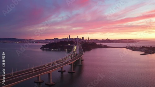 San Francisco Oakland Bay Bridge Aerial Cityscape Flythrough with Colorful Sunset