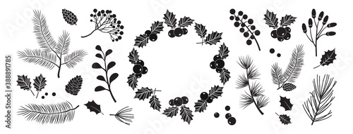 Christmas vector black decor elements. Wreath, holly berry, winter plants, christmas tree, pine, leaves branches isolated on white background, winter illustration.