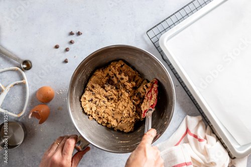 Chocolate chip cookies in the making photo