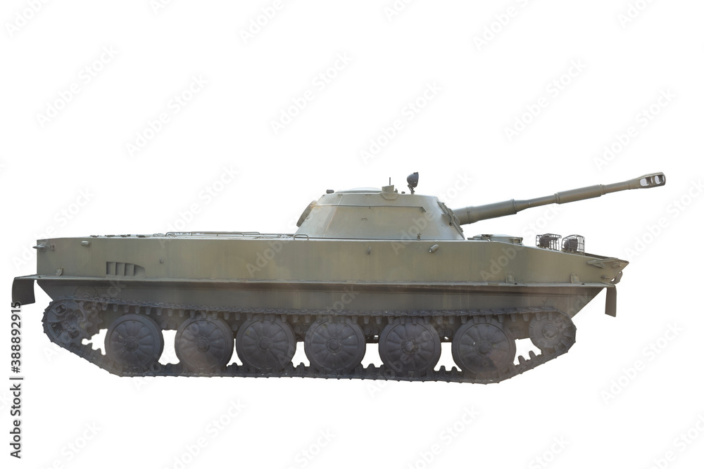 Old Soviet tank photographed from the side on a white background under clipping