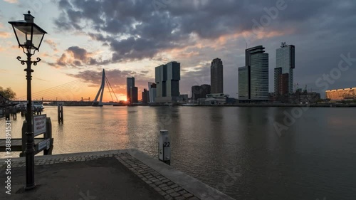 Time lapse of sunrise over Rotterdam Wilhelminapier and Erasmus bridge