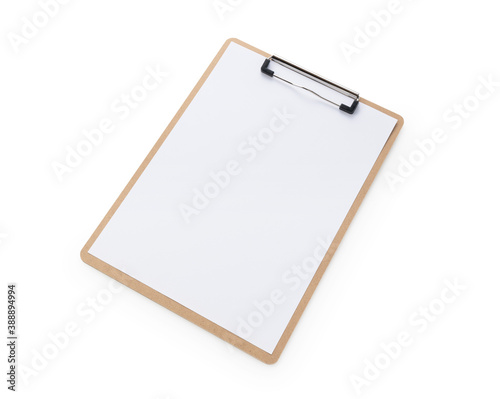 A clipboard with white paper on a white background