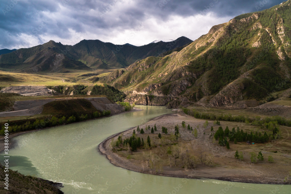 Altay mountains and river Katun, sunset Altay mountains and river Katun, sunset