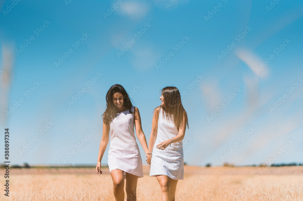 Beautiful lesbian couple talking while walking on agricultural field against clear sky Beautiful lesbian couple talking while walking on agricultural field against clear sky