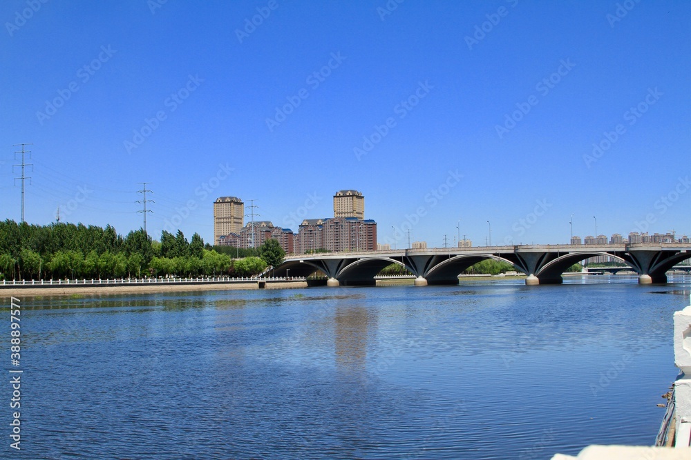 A river and bridge in the city
