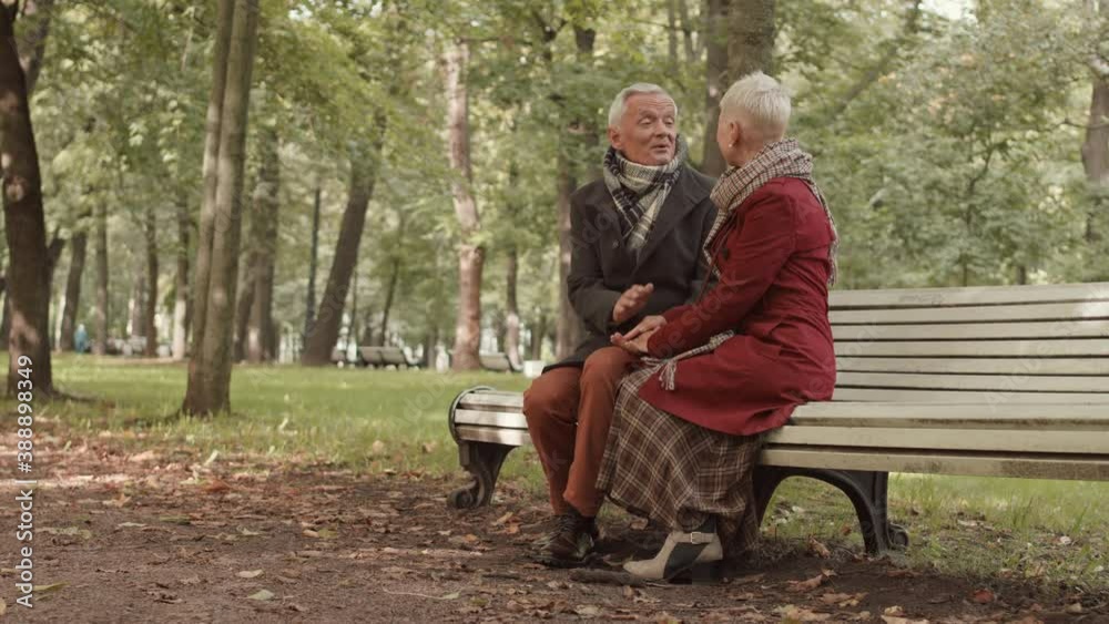 Full over-the-shoulder of unrecognizable white-haired woman holding hands with smiling senior Caucasian male partner. Loving couple talking sitting on bench in public park Full over-the-shoulder of unrecognizable white-haired woman holding hands with smiling senior Caucasian male partner. Loving couple talking sitting on bench in public park
