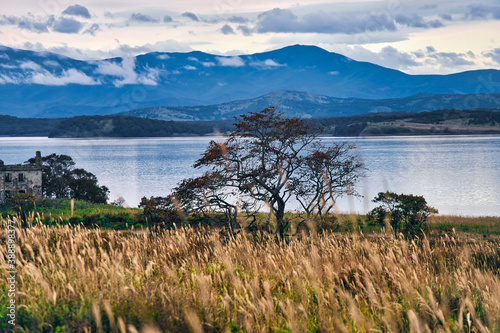 Sea of Japan against mountains at Novgorodskaya bay, Krabbe Peninsula, Russia photo