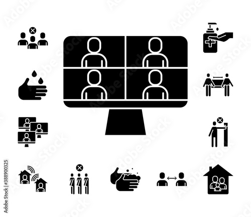 people in teleconference with desktop and bundle silhouette style icons