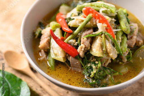 Northern Thai food (Kaeng Khae), Spicy curry soup with pork and mixed local vegetables and herbs, Main ingredients is betel leaf