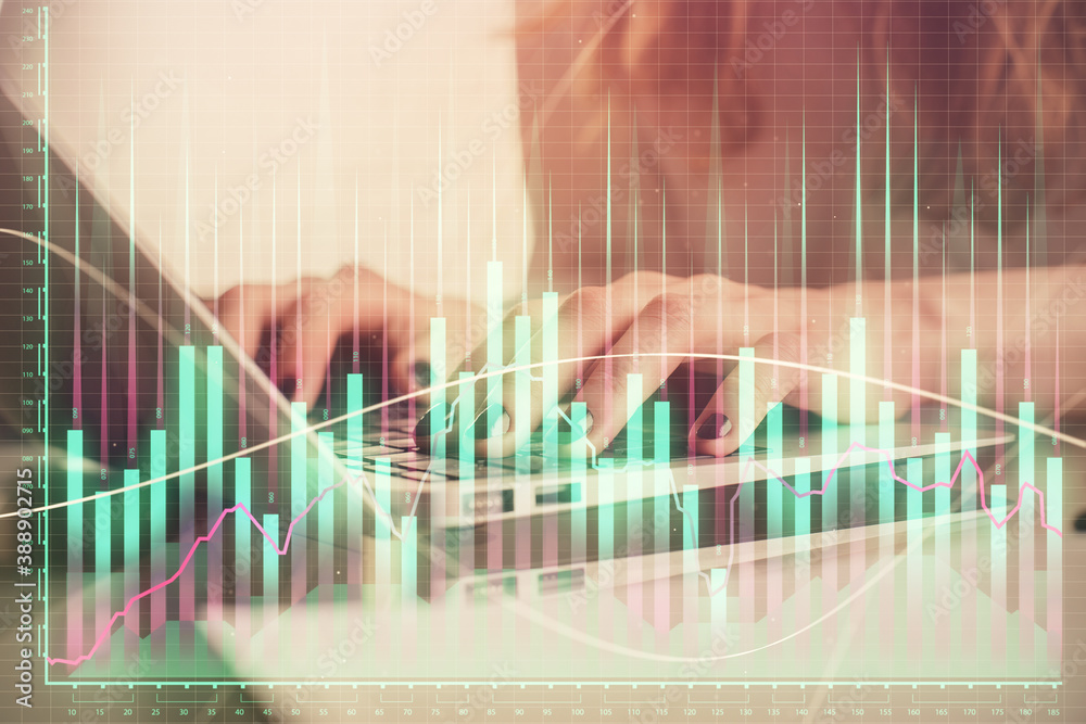 Double exposure of woman hands typing on computer and forex chart hologram drawing. Stock market invest concept. Double exposure of woman hands typing on computer and forex chart hologram drawing. Stock market invest concept.