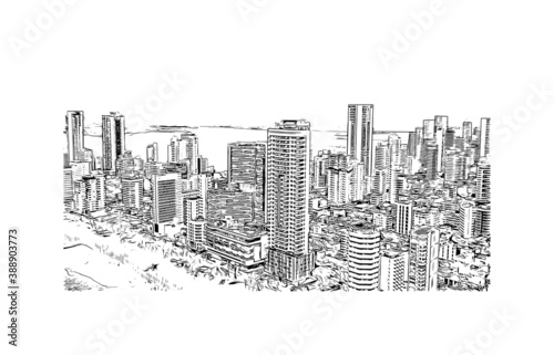 Building view with landmark of Cartagena is a port city on Colombia’s Caribbean coast. Hand drawn sketch illustration in vector.