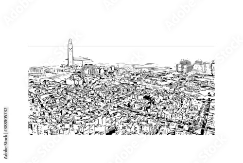 Building view with landmark of Casablanca is the largest city of Morocco. Hand drawn sketch illustration in vector.