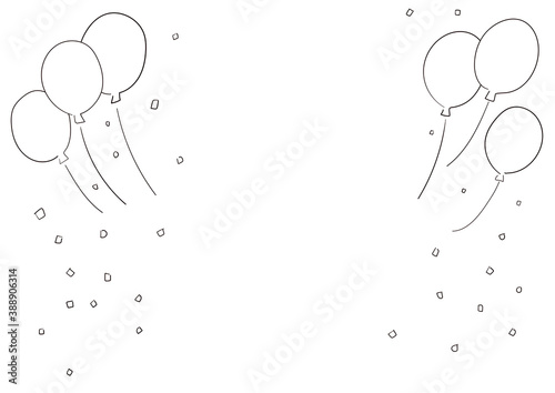 手描きの風船と紙吹雪のフレームイラスト　線画