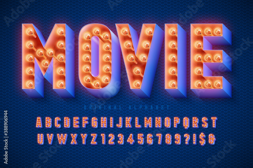 Retro cinema font design, cabaret, lamps letters and numbers.