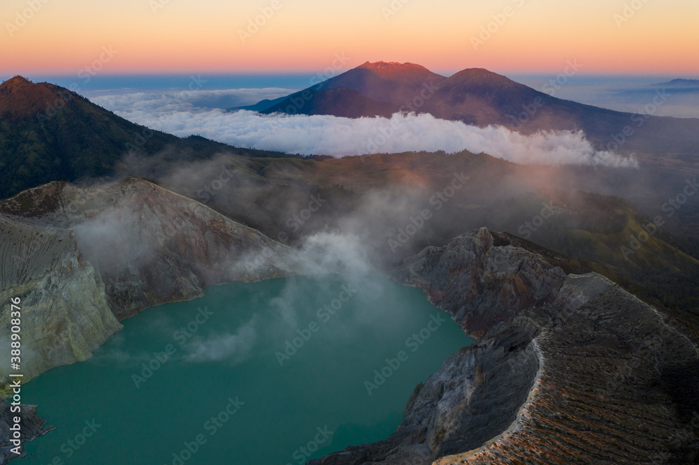 Aerial photography of Izhen volcanic lake in Indonesia