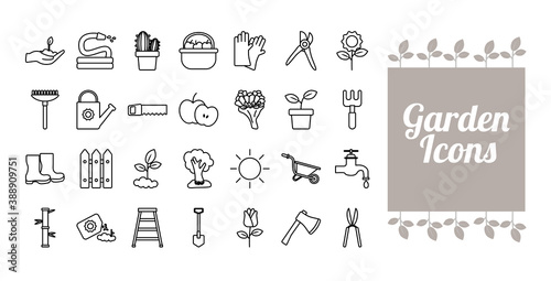 lettering with bundle of gardening tools line style icons