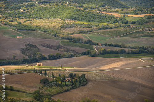 Houses and green fields in Montepulciano. Tuscany  Italy..