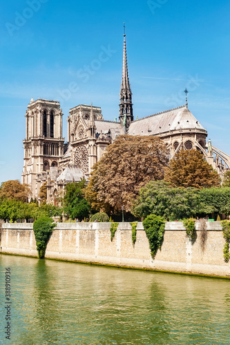 Close-up of Notre Dame de Paris building by the river