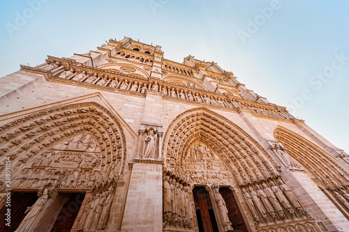 Close-up of the exterior of Notre Dame de Paris, France