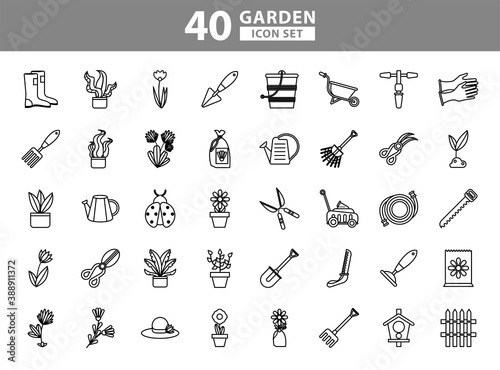 bundle of gardening tools line style icons