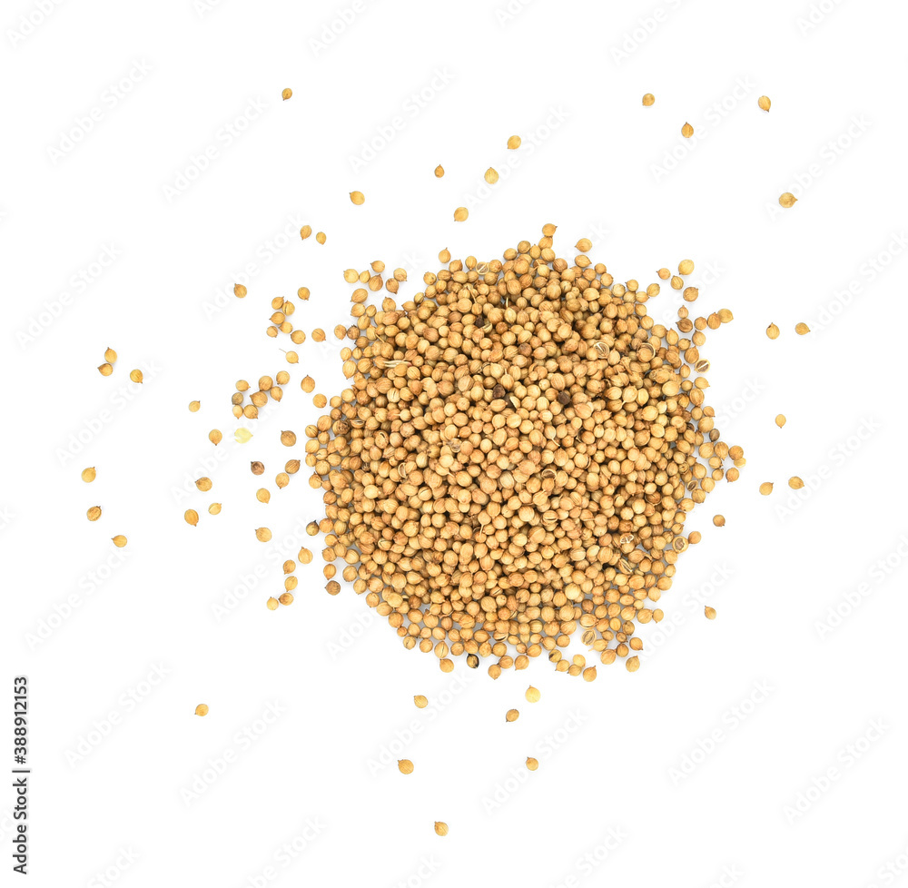 Top view of Organic Dried coriander seeds (Coriandrum sativum) isolated on white background. Top view of Organic Dried coriander seeds (Coriandrum sativum) isolated on white background.