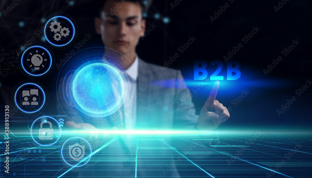 Business, technology, internet and network concept. Young businessman thinks over the steps for successful growth: B2B Business, technology, internet and network concept. Young businessman thinks over the steps for successful growth: B2B