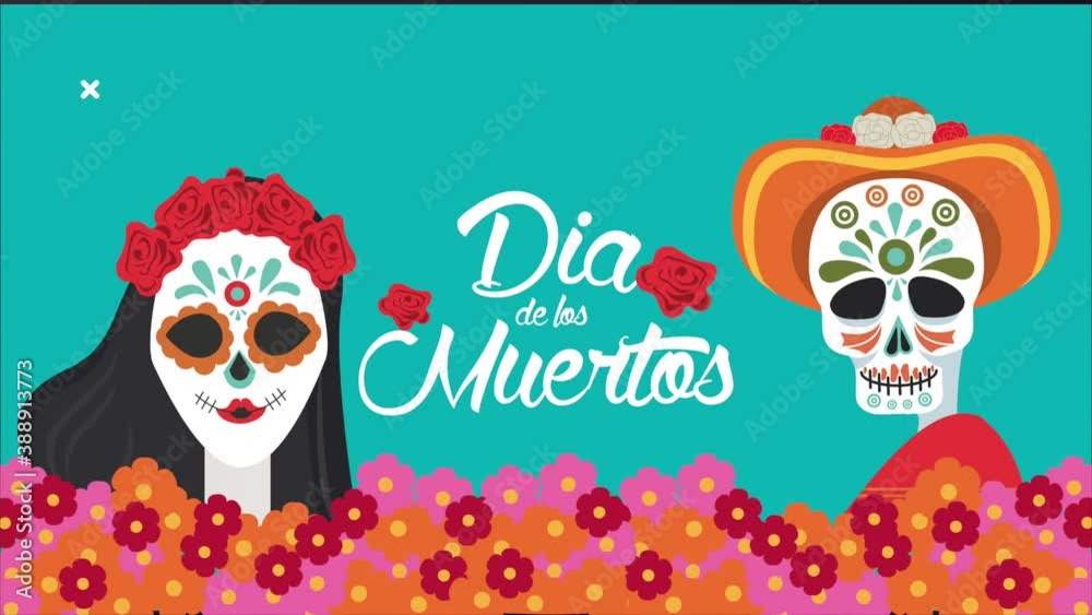 dia de los muertos lettering celebration with skulls couple and flowers
