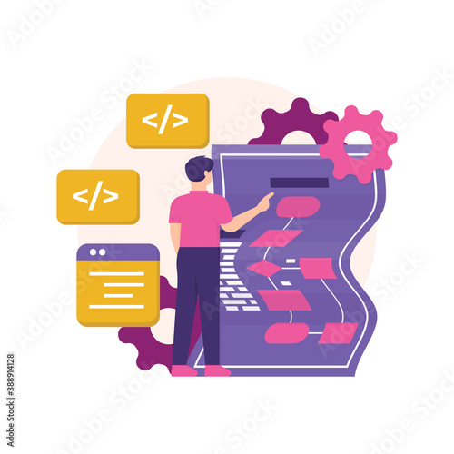 concept of programmer, full stack developer, front and back end. male illustration makes a flowchart to create a program. development division. activities of people. flat style. design elements