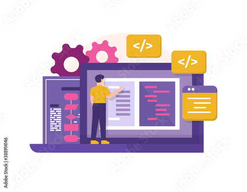 concept of programmer, full stack developer, front and back end. illustration of man making flowcharts and programs on a laptop. development division. activities of people. flat style. design elements