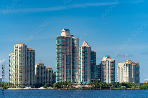 City of Aventura waterfront buildings shot with telephoto lens © Felix Mizioznikov