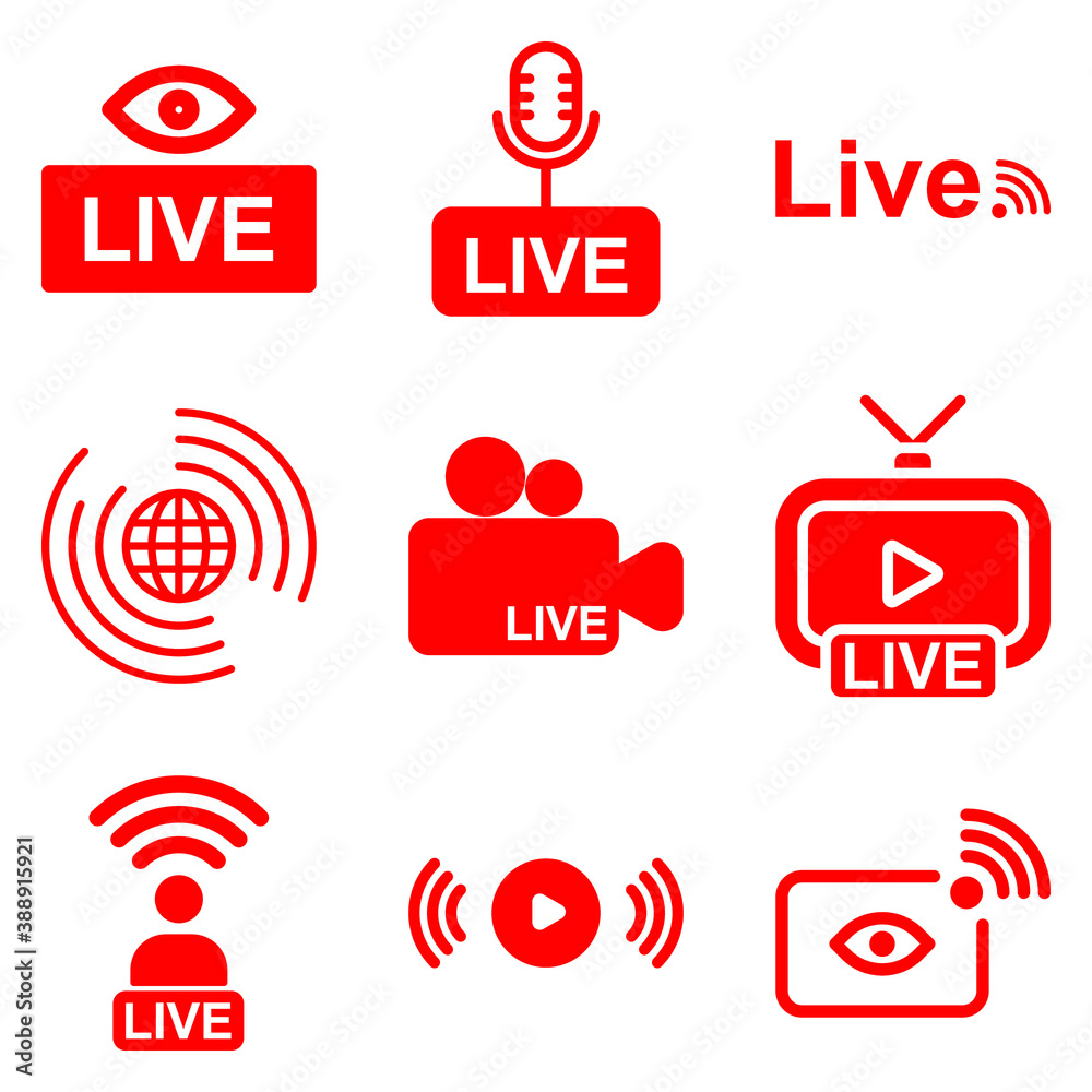 Set of live streaming icons. Red symbols and buttons of live streaming, broadcasting, online stream, movies and live performances. Vector illustration Set of live streaming icons. Red symbols and buttons of live streaming, broadcasting, online stream, movies and live performances. Vector illustration