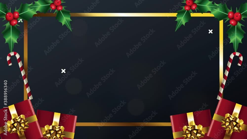 happy merry christmas with golden square frame and gifts