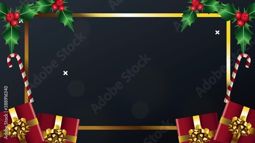 happy merry christmas with golden square frame and gifts