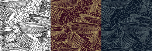 Seamless pattern. Fish fillets of cod, salmon, flounder. Delicious seafood. Restaurant menu decoration. Color vector illustration on white, purple & blue background in a doodle & hand drawn style.
