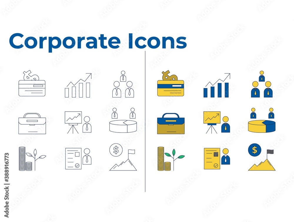 Corporate Icon Set with credit card, growth, meeting, brief case, presentation, pie chart, investment, resume, financial goal icons Corporate Icon Set with credit card, growth, meeting, brief case, presentation, pie chart, investment, resume, financial goal icons
